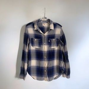 Levis Shirt Womens Small Blue White Top Button Up Casual Ladies Lightweight